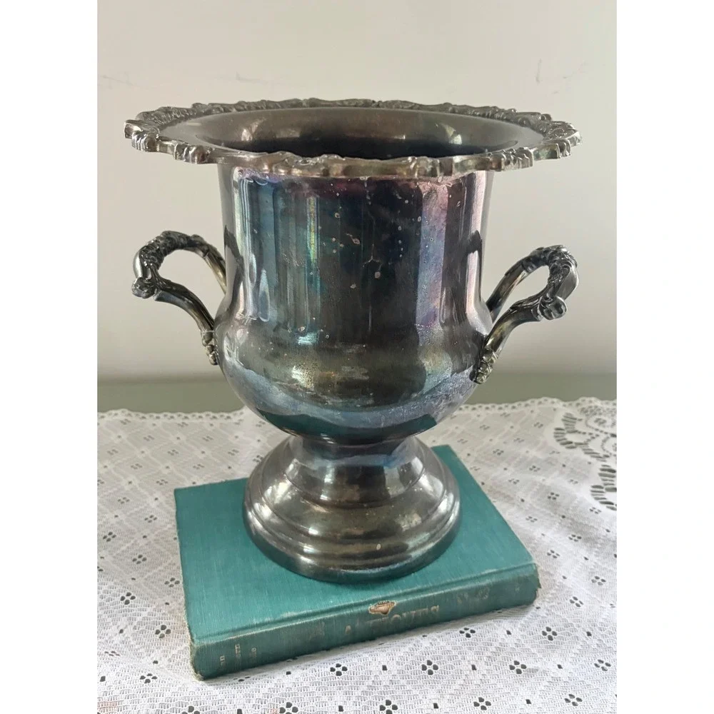 Vintage Oneida Silver Plate Champagne Bucket Wine Chiller Ornate Handles Patina